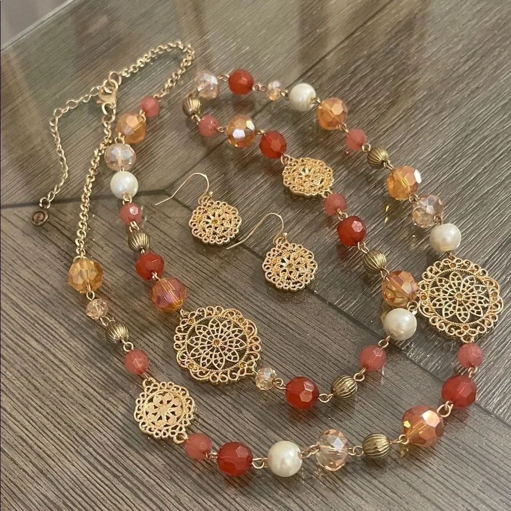 Cato Necklace Earring Set Beaded Necklace w/ Filigree Accents Filigree Earrings
